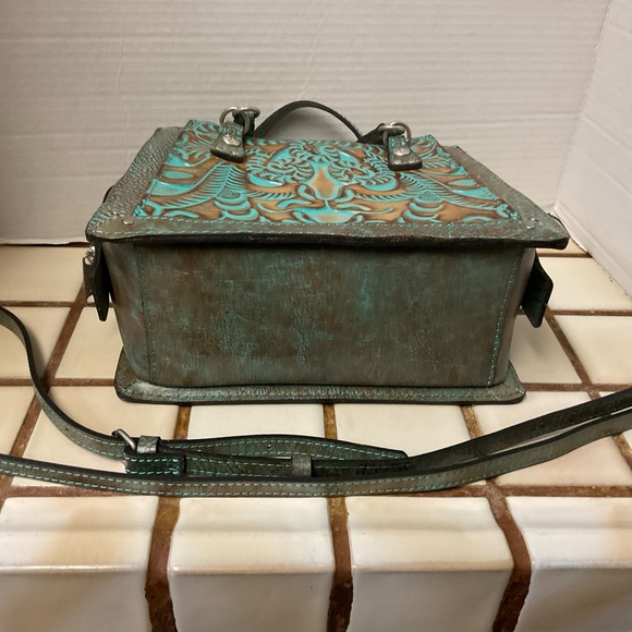 Patricia Nash Bag Satchel Crossbody Detachable Strap Turquoise Embossed Purse - Picture 13 of 13